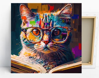 Colorful Cat Reading Art, Canvas or Poster, Pop Art Bohemian Decor, Living Room Bedroom Office Wall Art, Multicolor Blue Yellow Orange