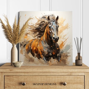 May include: A painting of a brown and black horse running through a field of orange and brown splashes of paint. The horse's mane is flowing in the wind.