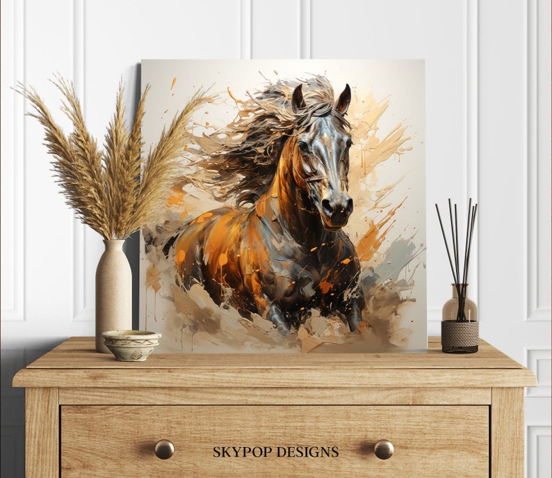 May include: A painting of a brown and black horse running through a field of orange and brown splashes of paint. The horse's mane is flowing in the wind.