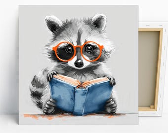 Raccoon Reading Art, Poster or Canvas, Whimsical Animal Decor, Living Room Bedroom Office Wall Art, Grey Black White Orange Blue