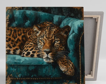 Leopard Lounger Art, Canvas or Poster, Animal Glam Decor, Living Room Bedroom Office Game Room Wall Art, Teal Orange Brown Gold Wildlife