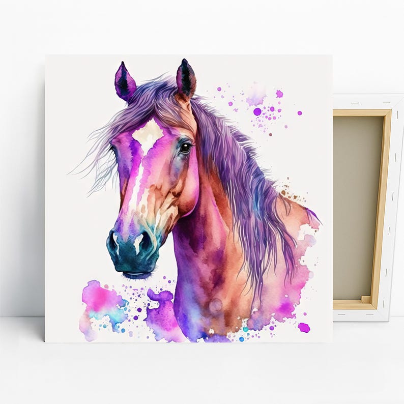 Horse Art, Canvas or Poster, Bohemian Modern Decor, Living Room Bedroom Office Wall Art, Purple Multicolor Pink Teal, Splash Animal Art image 1
