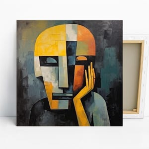 Geometric Face Art, Canvas or Poster, Modern Minimalist Decor, Living Room Office Bedroom Wall Art, Yellow Grey Multicolor Black Abstract
