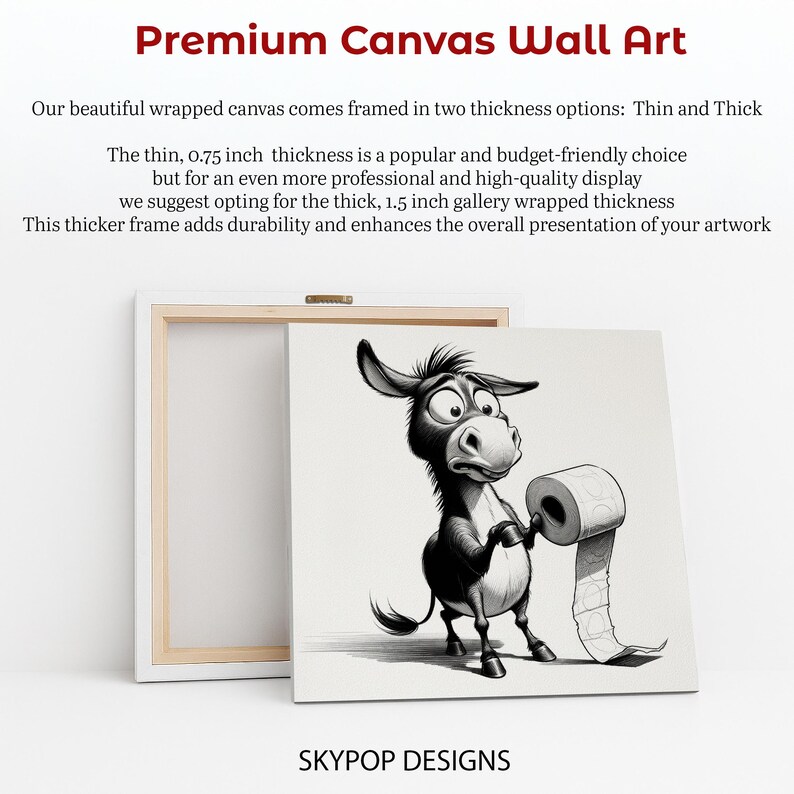 Donkey Toilet Paper Art, Poster or Canvas, Whimsical Graffiti Decor, Living Room Bedroom Bathroom Wall Art, Black and White Grey image 7