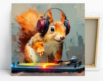 May include: A vibrant painting of a squirrel wearing headphones and DJing on a turntable. The squirrel has orange fur and is positioned in front of a gray and blue background. The turntable is black with a yellow record.