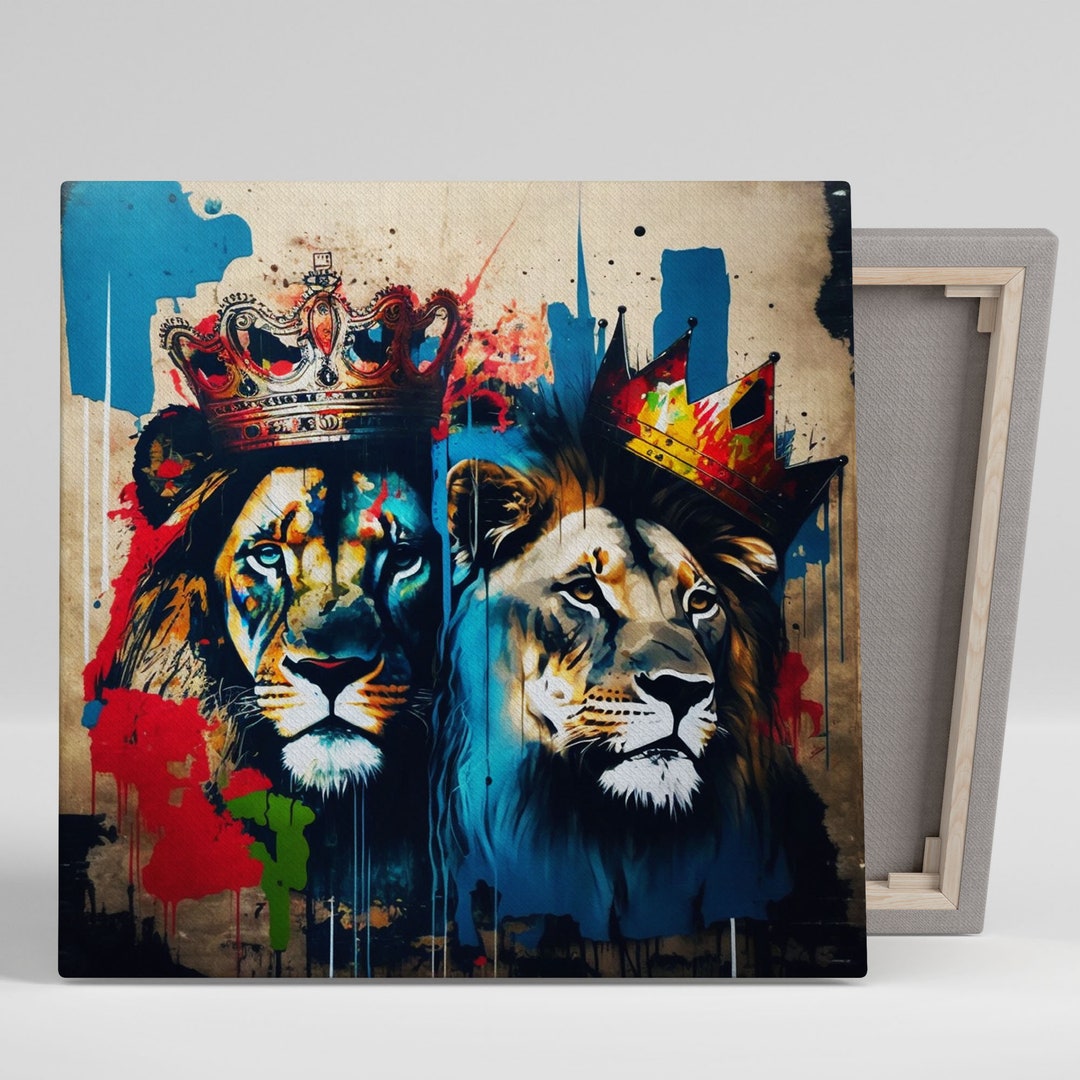 Modern Lion King With Crown Wall Decor, Canvas or Poster, Abstract Animal Wall Art With Crown