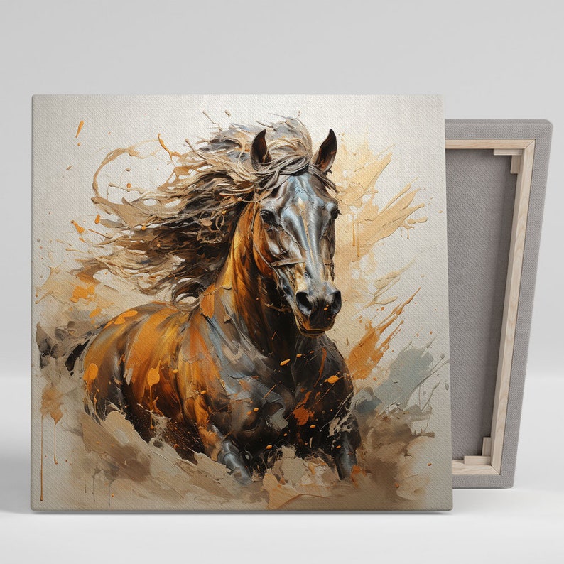 May include: A painting of a brown horse with a flowing mane running through a field of golden brown and orange splatters of paint.
