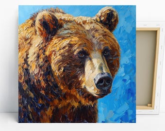 Bear Art, Canvas or Poster, Contemporary Rustic Decor, Living Room Bedroom Office Wall Art, Brown Blue Multicolor, Modern Animal Print Gift