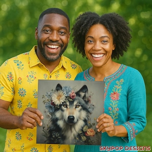 Wolf Floral Crown Art, Canvas or Poster, Rustic Farmhouse Decor, Living Room Bedroom Entryway Children Room Art,Multicolor Green Yellow Grey image 10