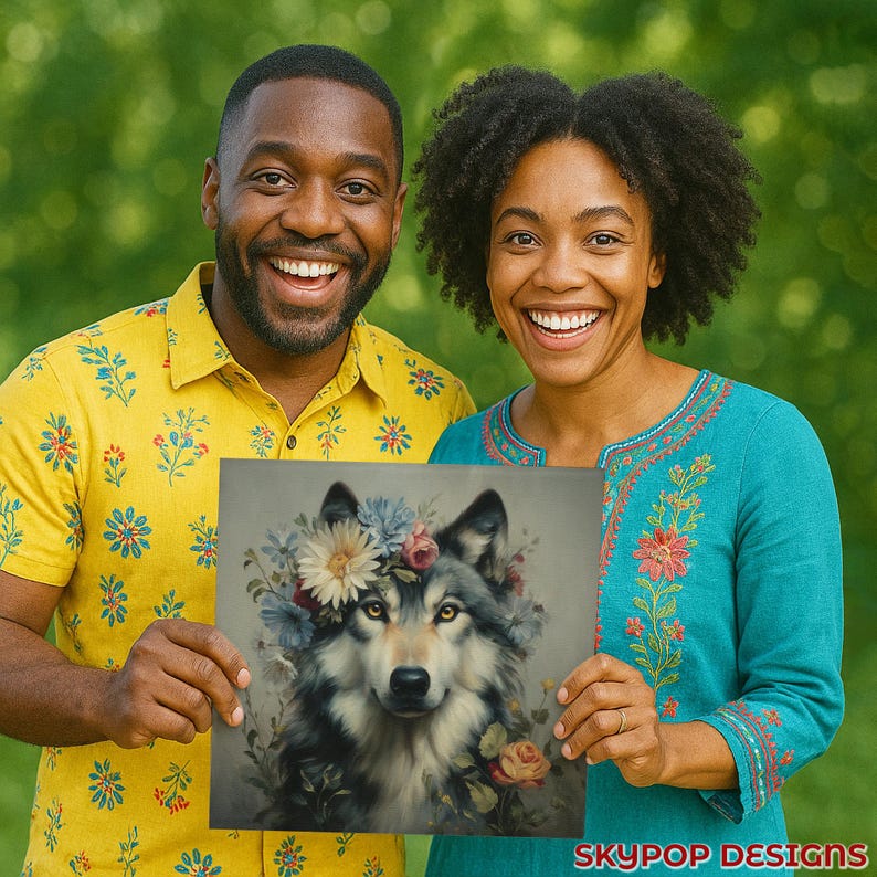 Wolf Floral Crown Art, Canvas or Poster, Rustic Farmhouse Decor, Living Room Bedroom Entryway Children Room Art,Multicolor Green Yellow Grey image 10