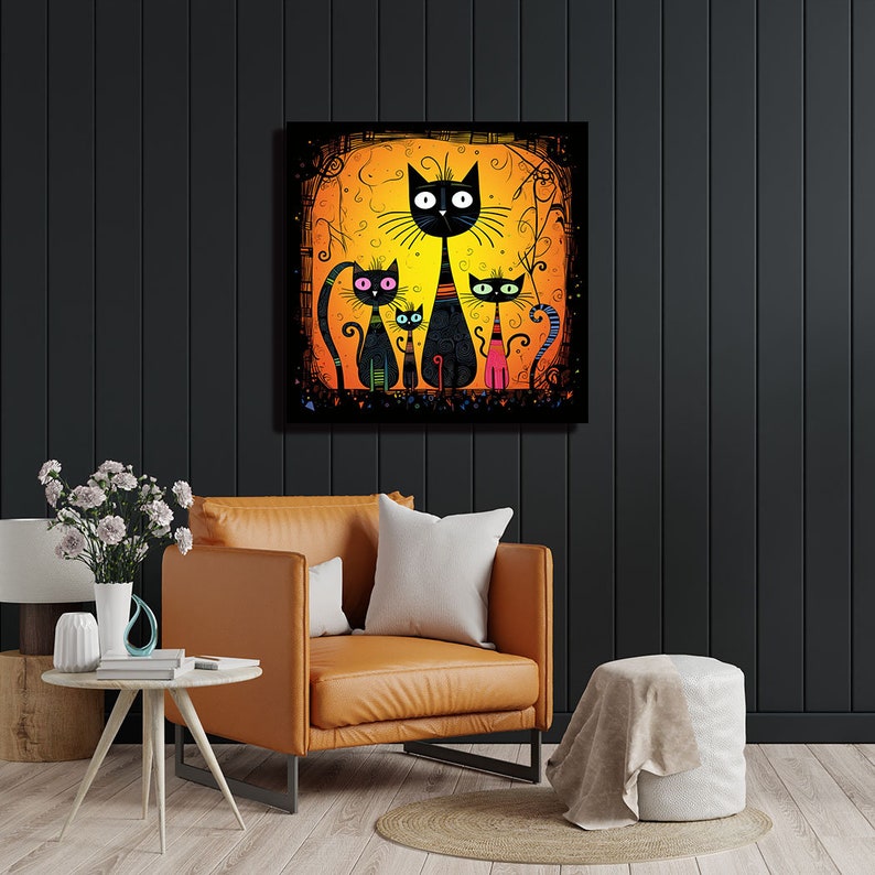 May include: A digital painting of four black cats with colorful accents. The cats are standing in a row, with the largest cat in the middle. The background is a bright orange and yellow color.