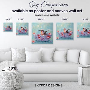 Hummingbird Art, Poster or Canvas, Whimsical Modern Bohemian Decor, Living Room Bedroom Sunroom Wall Art, Blue Pink Multicolor White image 8