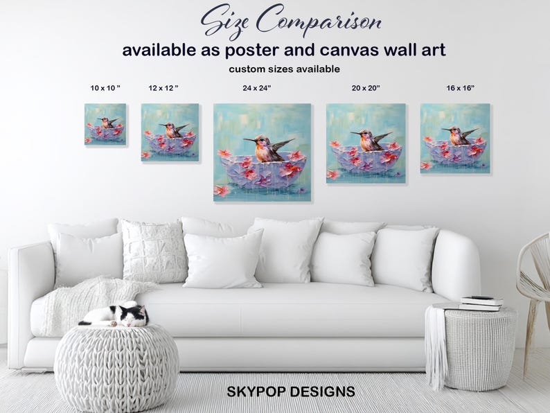 Hummingbird Art, Poster or Canvas, Whimsical Modern Bohemian Decor, Living Room Bedroom Sunroom Wall Art, Blue Pink Multicolor White image 8