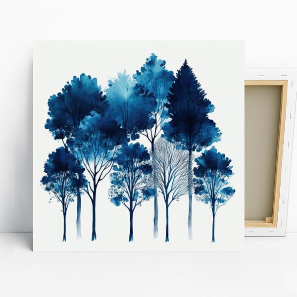 Arte forestal, póster o lienzo, decoración minimalista abstracta, arte de pared para sala de estar, dormitorio, oficina, entrada, azul, blanco y negro, arte de pared moderno.