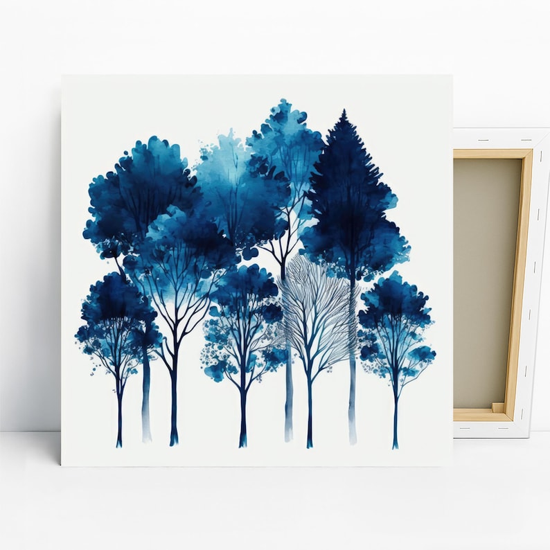 Forest Art, Poster or Canvas, Abstract Minimalist Decor, Living Room Bedroom Office Entryway Wall Art, Blue White Black, Modern Wall Art image 1