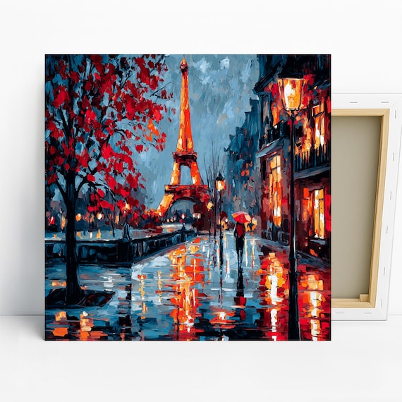 Eiffel Tower Art, Poster or Canvas, Impressionism Parisian Chic Decor, Living Room Entryway Dining Room Wall Art, Red Orange Grey Multicolor