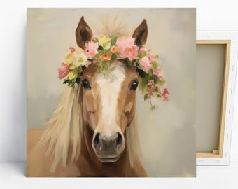 Horse Art, Poster or Canvas, Impressionism Farmhouse Decor, Living Room Bedroom Entryway Dining Room Wall Art, Brown White Gold Multicolor