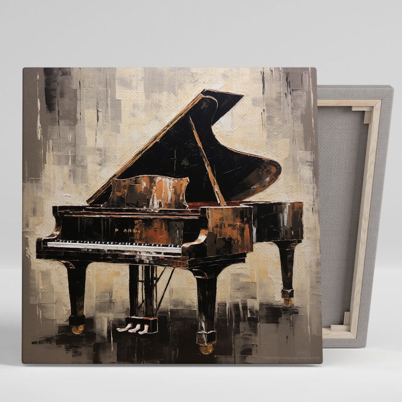 Op de afbeelding: Een schilderij van een vleugelpiano met een bruine en zwarte afwerking. De piano staat tegen een beige achtergrond met hints van goud en grijs. De piano is open en de toetsen zijn zichtbaar.