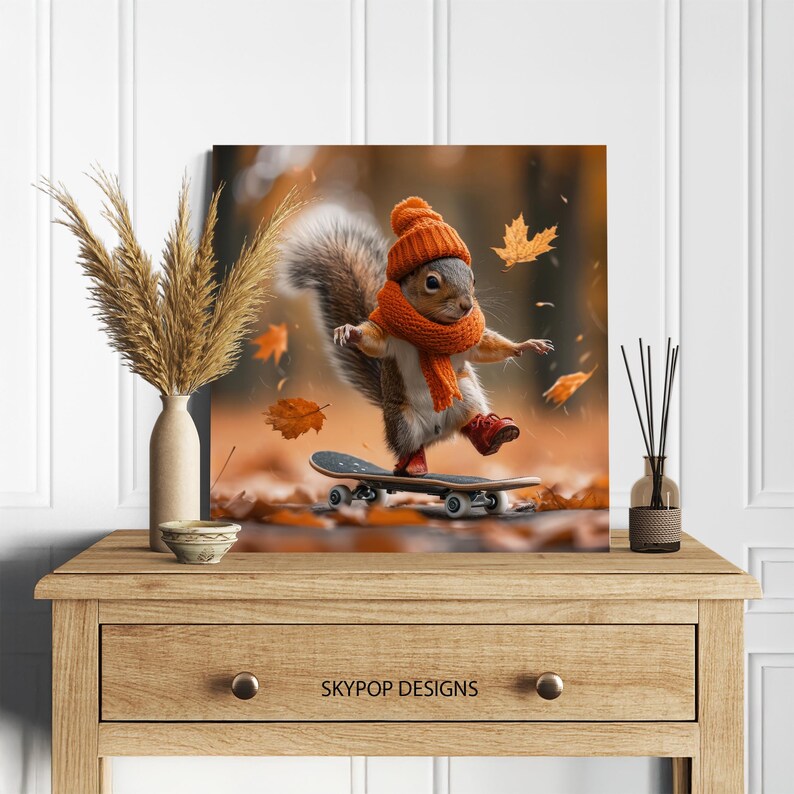 Squirrel Skateboarding Art, Canvas or Poster, Whimsical Bohemian Decor, Living Room Bedroom Office Art, Brown Orange Yellow Multicolor Art 画像 6