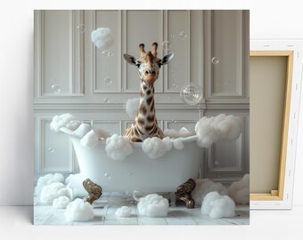 Giraffe Bath Time Art, Canvas or Poster, Whimsical Decor, Bathroom Bedroom Living Room Children Room Wall Art, Beige White Brown Multicolor
