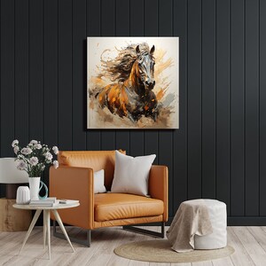 May include: A painting of a brown and black horse running with its mane flowing in the wind. The horse is painted in a realistic style with splashes of color on the background.