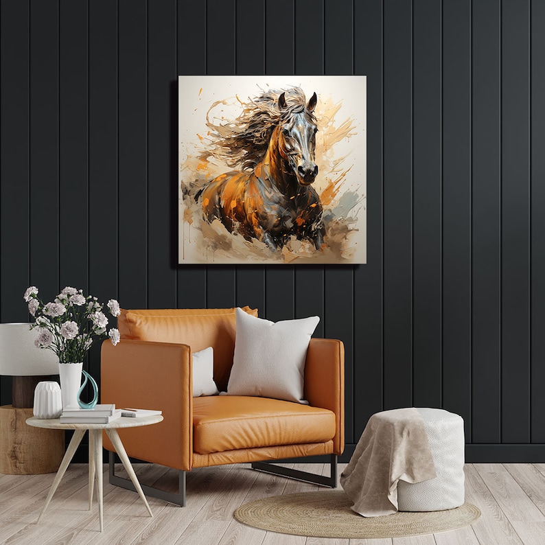 May include: A painting of a brown and black horse running with its mane flowing in the wind. The horse is painted in a realistic style with splashes of color on the background.