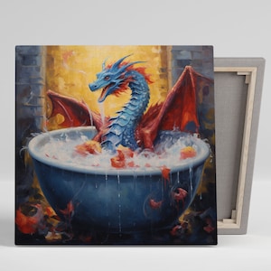Dragon In Bathtub, Canvas Or Poster, Bathroom Wall Decor, Nursery Wall Art, Animal Decor, Bathroom Wall Art, Dragon Wall Art, Modern Decor