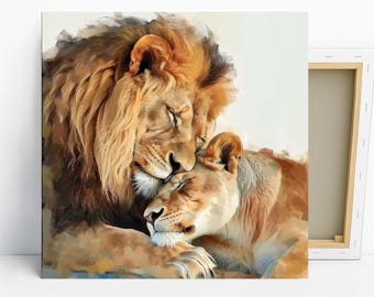 Lion Embrace Art, Canvas or Poster, Contemporary African American Decor, Living Room Bedroom Office Wall Art, Brown Gold Multicolor Beige