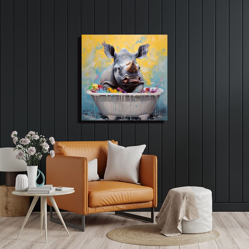 May include: A painting of a rhinoceros taking a bath in a white bathtub filled with colorful flowers. The rhinoceros is gray and has a large horn. The background is yellow with blue clouds.