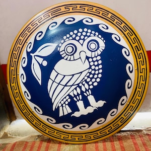 Mittelalterlicher Athener Eulengriechischer Hoplit-Schild Wikinger-Schild 24 "Rustikales Vintage Wohndekor Geschenke Blau