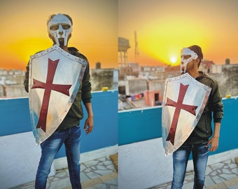 Medieval Knight Cross Heater Shield- Gladiator Mask - Templar Shield Best Replica- MF Doom Mask- Templar Knight Armor Shield- Halloween Gift