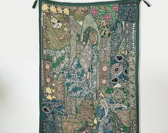 Tapiz de patchwork indio vintage, decoración de pared, tapiz para colgar en la pared, cortina decorativa de pared hecha a mano de 40 x 60 pulgadas, tapiz bohemio
