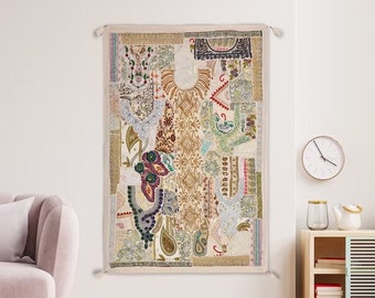 Tapiz de patchwork indio vintage, decoración de pared, tapiz para colgar en la pared, hecho a mano, 40 x 60 pulgadas, cortinas decorativas, tapiz blanco