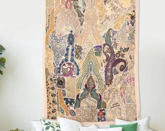 Tapiz de pared vintage beige bordado para colgar en la pared, tapiz de retazos, tapiz con espejo, tapiz bohemio hecho a mano, tapiz decorativo para pared