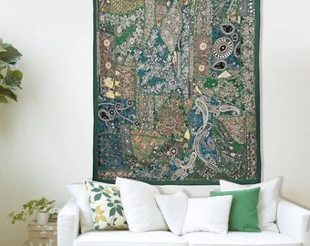 Tapiz de pared hecho a mano, 40 x 60 pulgadas, cortinas decorativas de pared, tapiz de patchwork indio vintage, arte de fondo para decoración de pared, tapiz verde