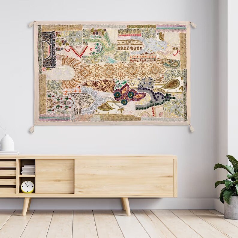 Vintage Indian Patchwork Tapestry, Wall Décor Backdrop Art, Wall