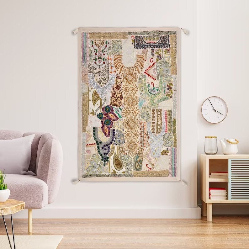 Vintage Indian Patchwork Tapestry, Wall Décor Backdrop Art, Wall