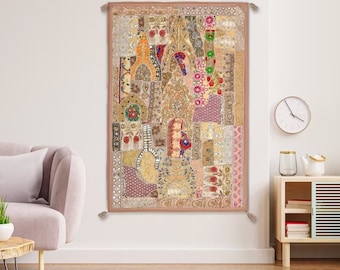 Tapiz de patchwork indio vintage, arte de fondo para decoración de pared, tapiz para colgar en la pared hecho a mano, cortinas decorativas de pared de 40 x 60 pulgadas, tapiz blanco