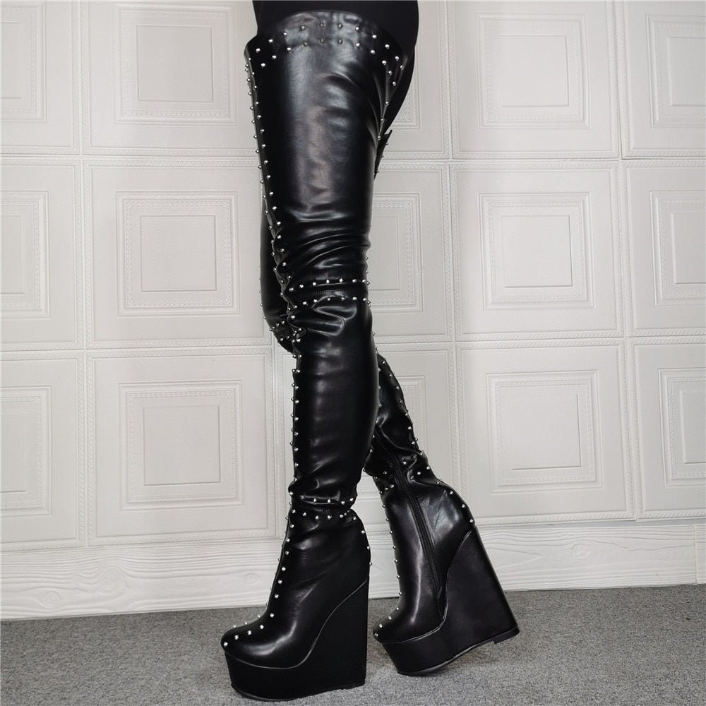 Thigh-high Rivet Wedge Boots - Etsy