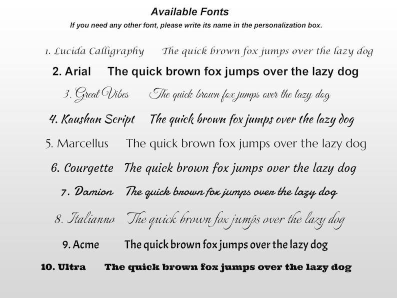 Op de afbeelding: Een lijst met tien beschikbare lettertypen getiteld Available Fonts met de instructie If you need any other font, please write its name in the personalization box. Elk genummerd lettertype toont de tekst The quick brown fox jumps over the lazy dog.