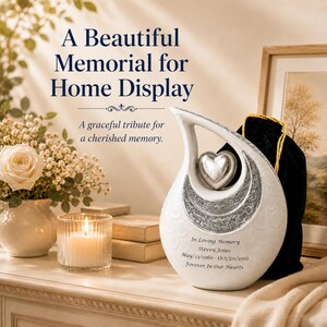 Op de afbeelding: Een witte, traanvormige keramische urn met een zilverkleurige halve maan inleg, een bloemrijk reli&euml;fpatroon en een centraal zilveren hart. De urn is gegraveerd met de tekst: In Loving Memory, Steven Jones, May/13/1960 - Oct/20/2012, Forever In Our Hearts.