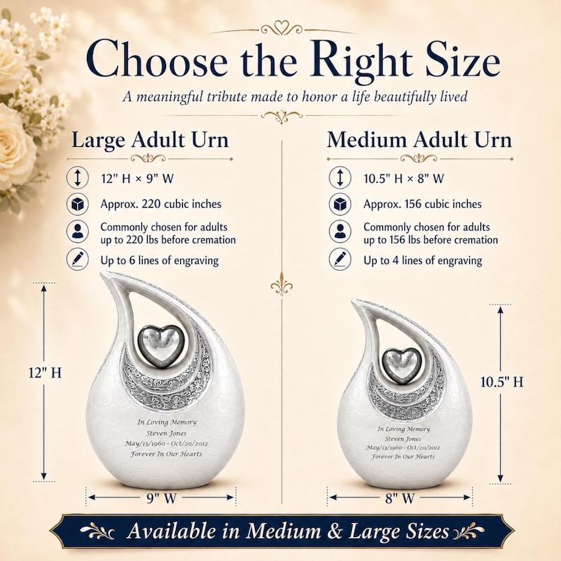 Op de afbeelding: Een vergelijkingstabel voor twee traanvormige urnen, gelabeld als Large Adult Urn van 30,5 cm bij 22,9 cm en Medium Adult Urn van 26,7 cm bij 20,3 cm. Beide zilverkleurige urnen hebben een centraal hart en een gegraveerde herdenkingstekst.