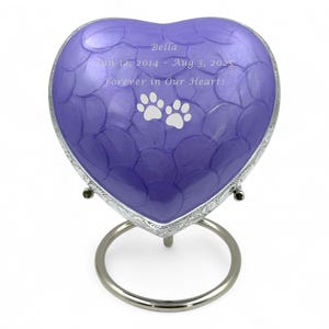 Premium Purple Heart Pet Urn with Stand - Personalized with Text, Paw Prints or Printed Photo - Velvet Box - Urn for Pet up to 30 lbs