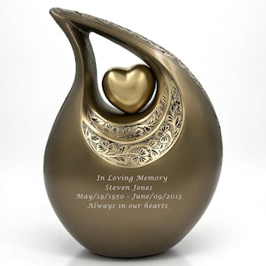 Personalisierte Urne für Erwachsene - Einzigartige Braune Tropfen-Urne mit Herz - Individuelle Gedenkurne für Asche - Elegante Tribut-Urne