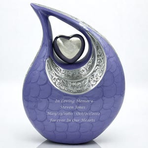 Personalized Purple Cremation Urn for Adults – Elegant Teardrop Urn with Silver Heart – Unique Custom Memorial Urn for Human Ashes