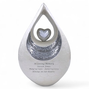 Personalized White Teardrop Cremation Urn for Human Ashes - Large Memorial Urn - Funeral Urn with Velvet Bag