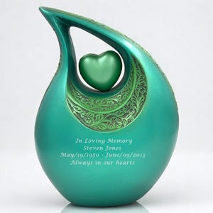 Unique Adult Cremation Urn with Heart – Personalized Green Teardrop Urn for Ashes – Modern Artistic Memorial Cremation Urn for Loved One