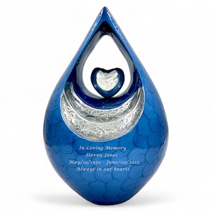 Personalized Blue Teardrop Cremation Urn for Human Ashes – Premium Memorial Urn - Funeral Urn with Velvet Bag