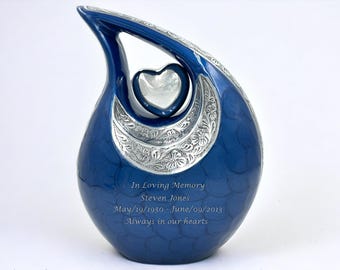Elegante blauwe urn – Gepersonaliseerde begrafenisurn met fluwelen zakje
