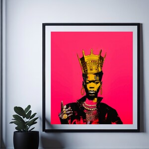 May include: A digital art print of a woman wearing a gold crown and jewellery against a bright pink background.